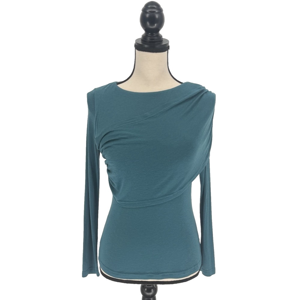 OGL Teal Long Sleeve Draped Wrap Top Ruched Front Built In Bra Stretchy Med